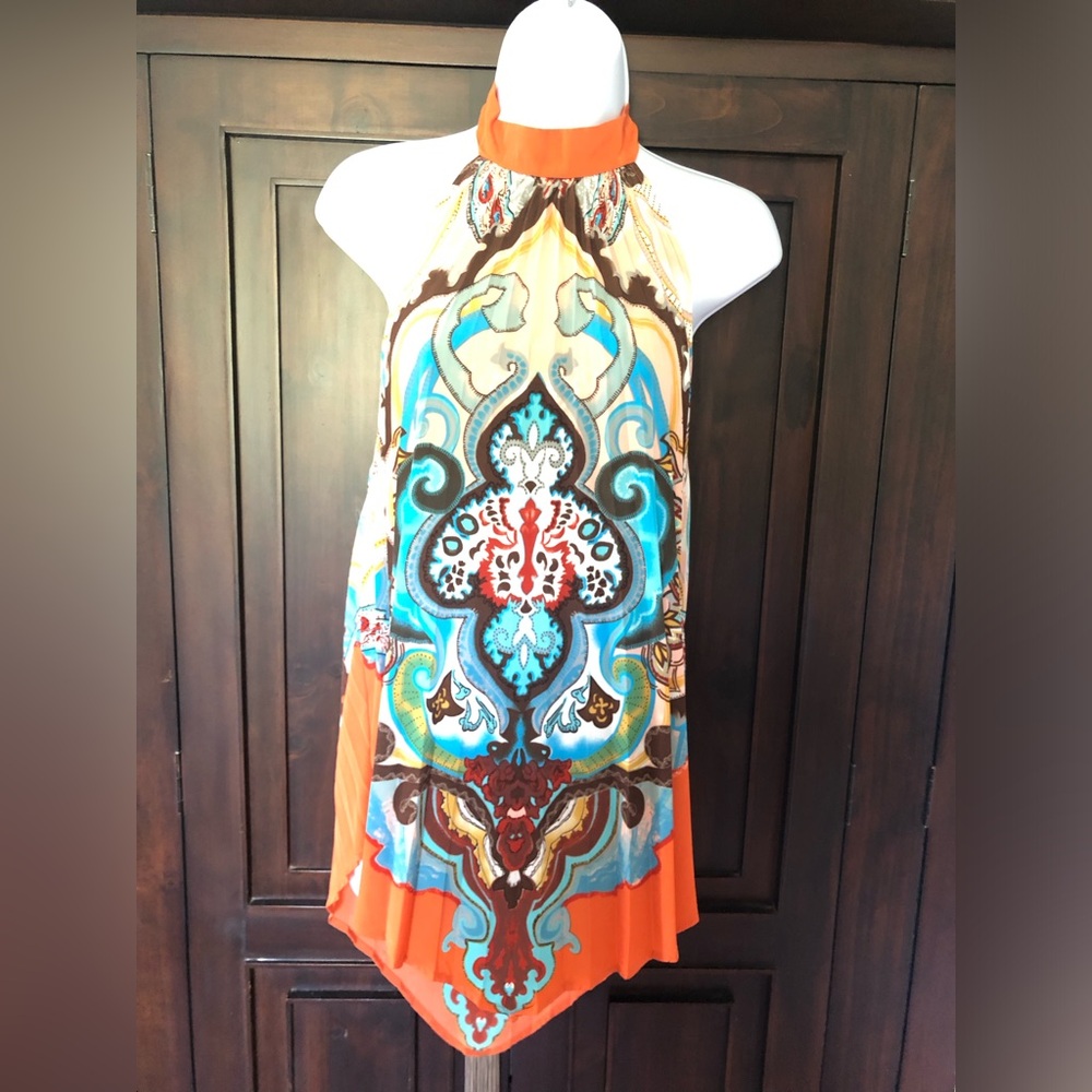 Arden B. Vibrant Orange and Blue Halter Top Size M